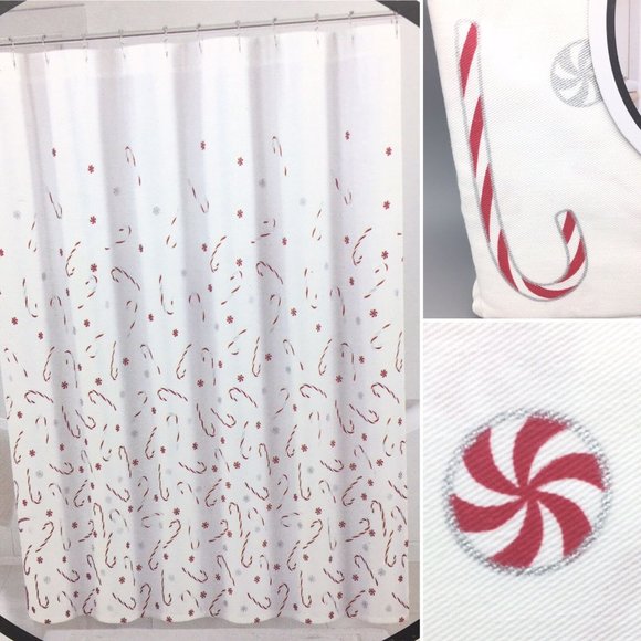 Cynthia Rowley Candy Cane Shower Curtain Red Silver Shimmer Christmas Holiday - Picture 1 of 8